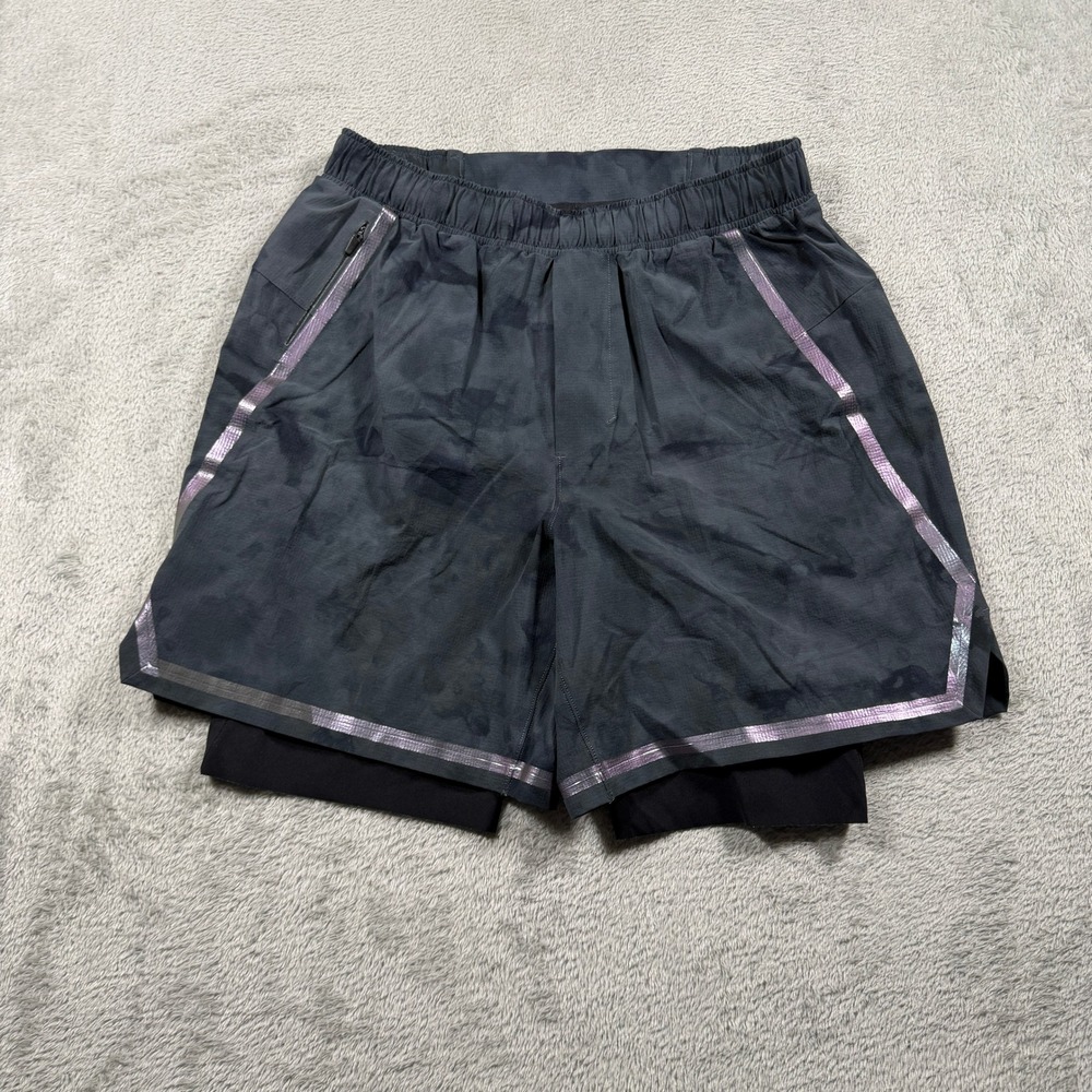 Lululemon Surge Short 6" Lined Mens Small Gray Tie Dye Reflective Gym Running